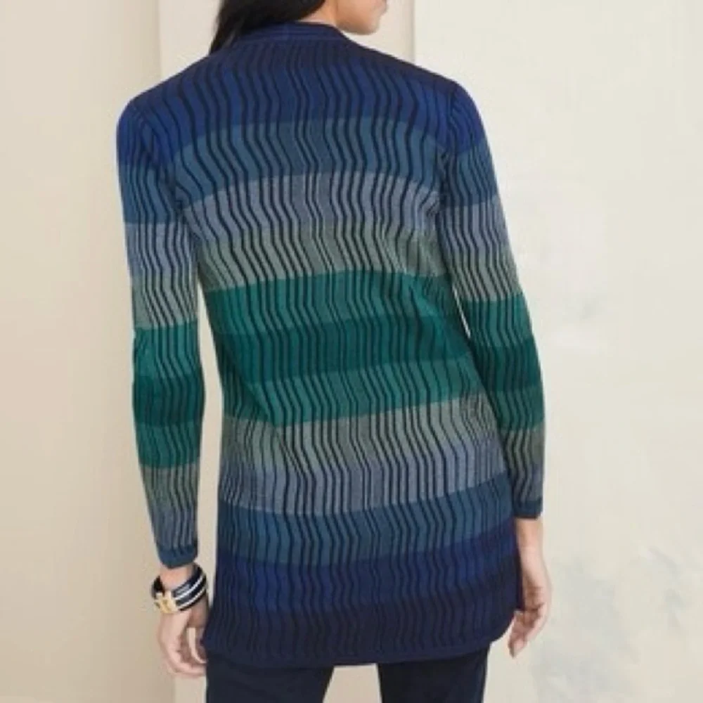 Chicos Blue Green Striped Open Front Cardigan Sweater Jacket Size 0